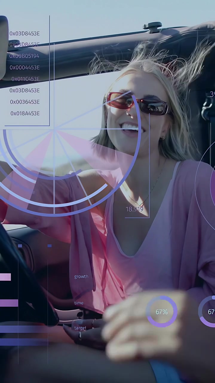Vertical video: Driver reaching to rider in car, gesture causing purple HUD charts for tech demo