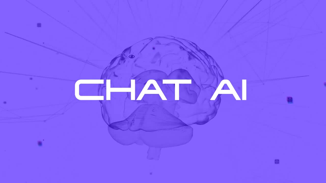 Animation of artificial intelligence chat text and data processing over human brain
