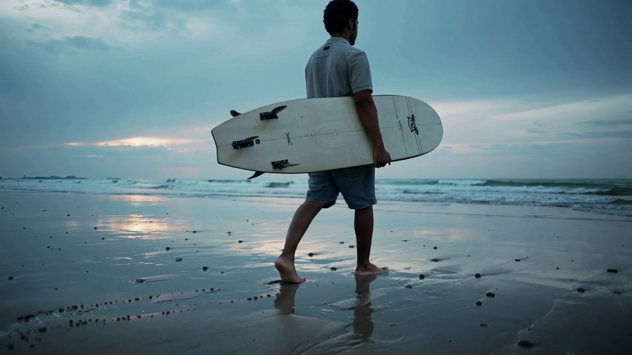 Surfista che cammina sulla sabbia bagnata verso l'oceano, con una maglietta chiara, trasportando una tavola bianca con 3 pinne.