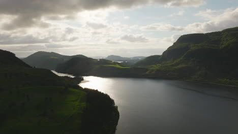 Aerial-View-Of-Lake-Between-The-Mountains-In-Hjelmeland,-Rogaland,-Norway