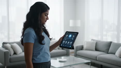 woman controlling smart home devices with a digital tablet
