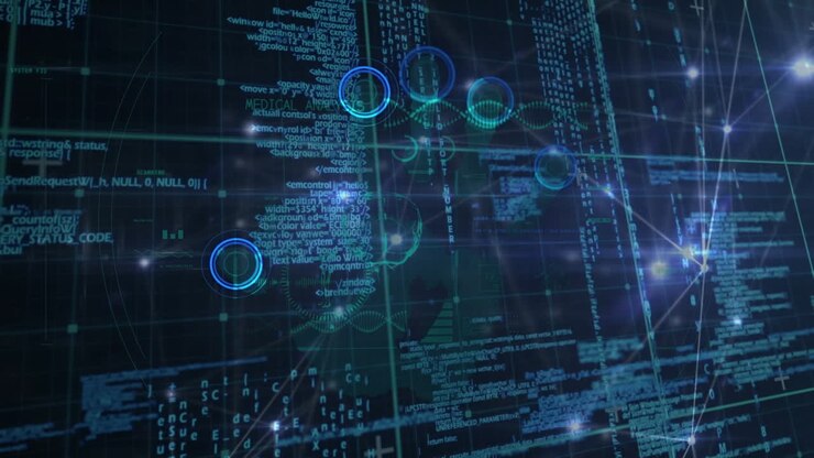 Animation of network of connections over data processing in blue and black space