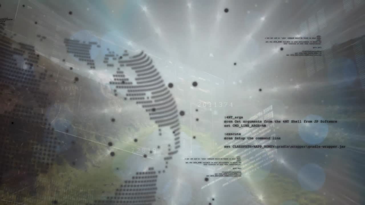 회색 배경에 빛의 반점 위에 데이터 처리 및 회전 지구의 애니메이션