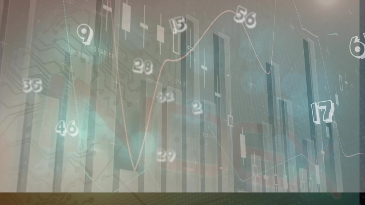 Animation of statistical data processing and microprocessor connections against grey background