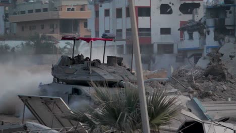 israeli merkava mark iv tank patrols through the destroyed streets of gaza