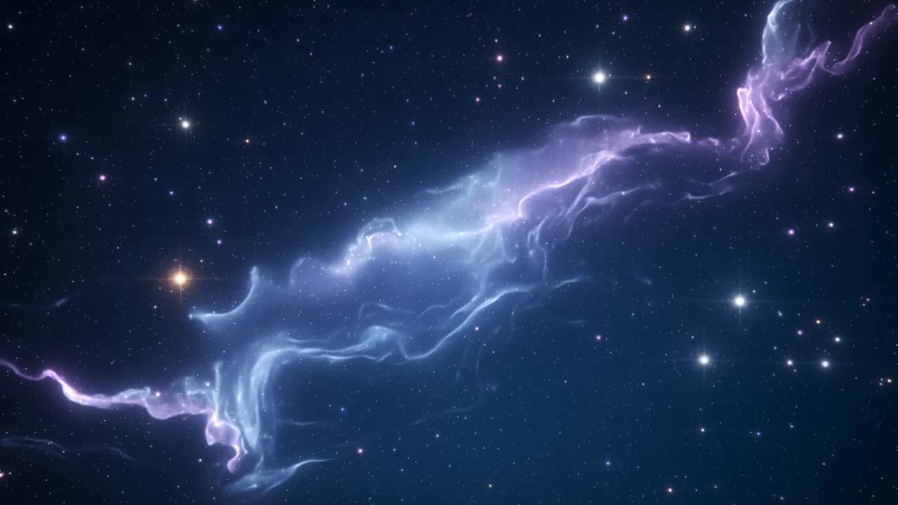 Filamento di nebulosa che si sposta verso destra attraverso le stelle, con un nastro blu-viola che si illumina vicino a una stella arancione.