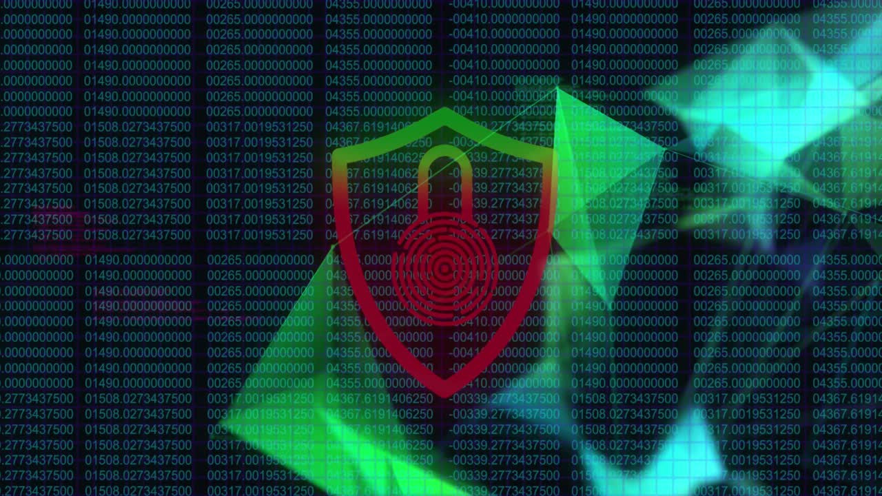 Animation of security padlock icon and plexus network against binary coding on blue background