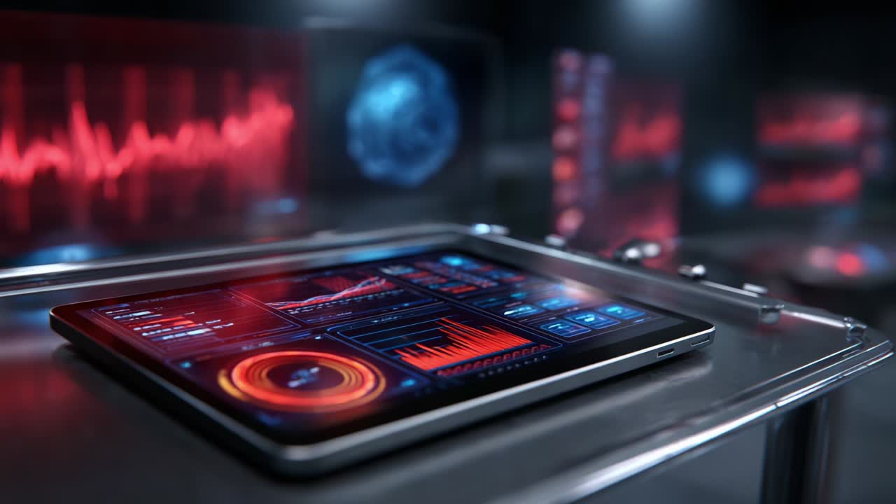 Futuristic Tablet Displaying Complex Data Visualizations and Analytics in a High-Tech Environment, Showcasing Stunning Graphics and Vibrant Colors for Enhanced User Interaction and Insights