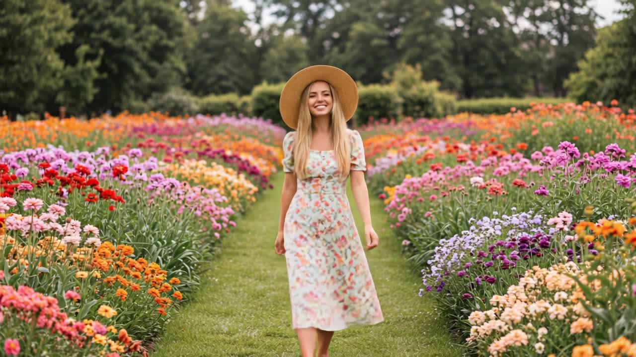 A Joyful Stroll Through a Vibrant Flower Garden, Immersed in Natural Beauty and Serenity, Showcasing Colorful Blooms and a Smiling Figure Embracing the Outdoors