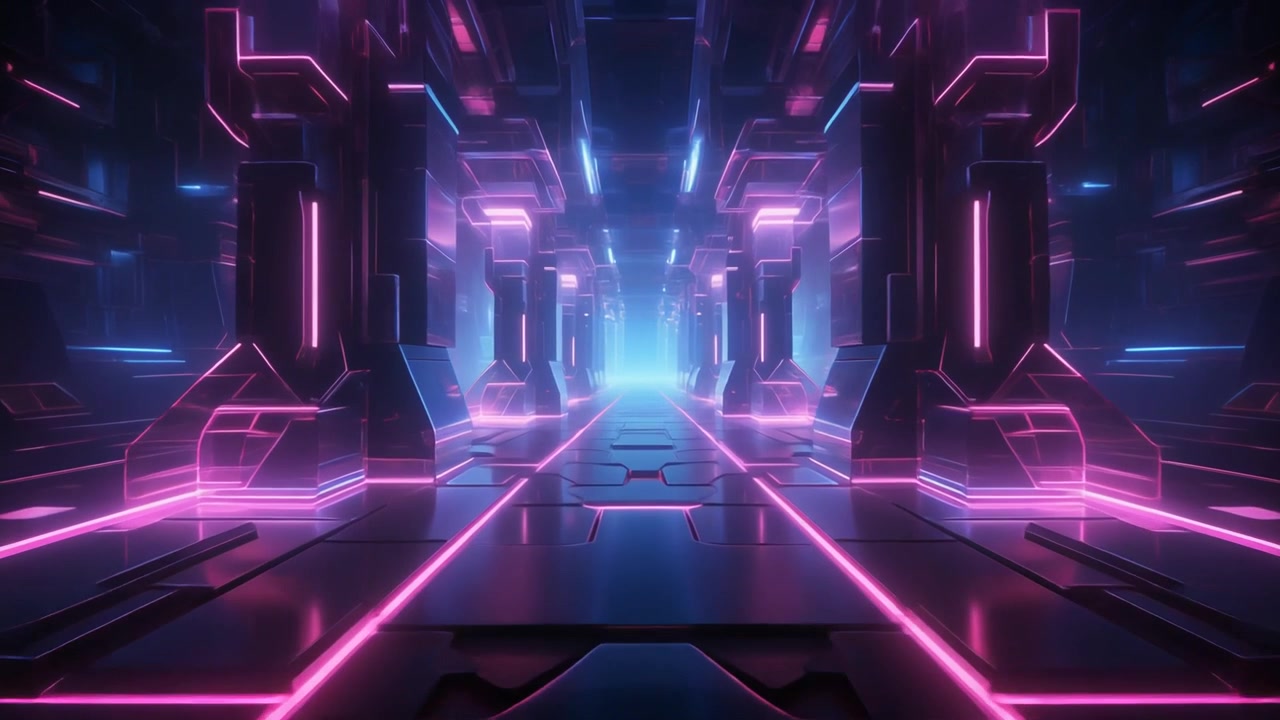 Futuristic Sci-Fi Corridor with Glowing Pink and Blue Neon Lights