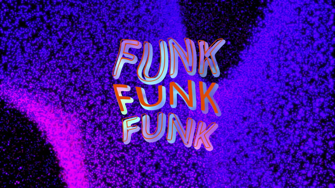 Animation of colourful funk text distorting over purple and blue particle wave on dark background