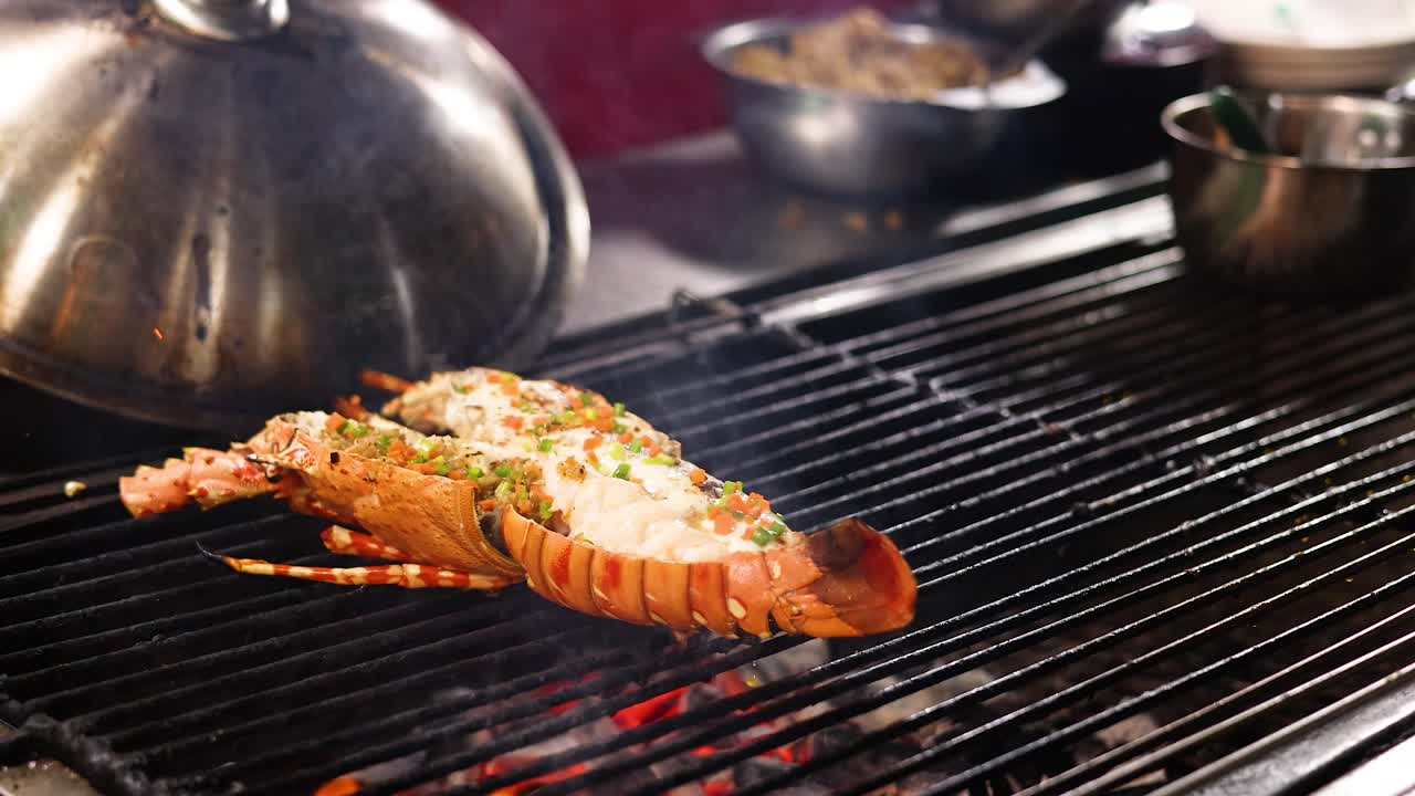 Lobster halves grilling over open flame, vibrant street food scene, warm lighting, close-up perspective