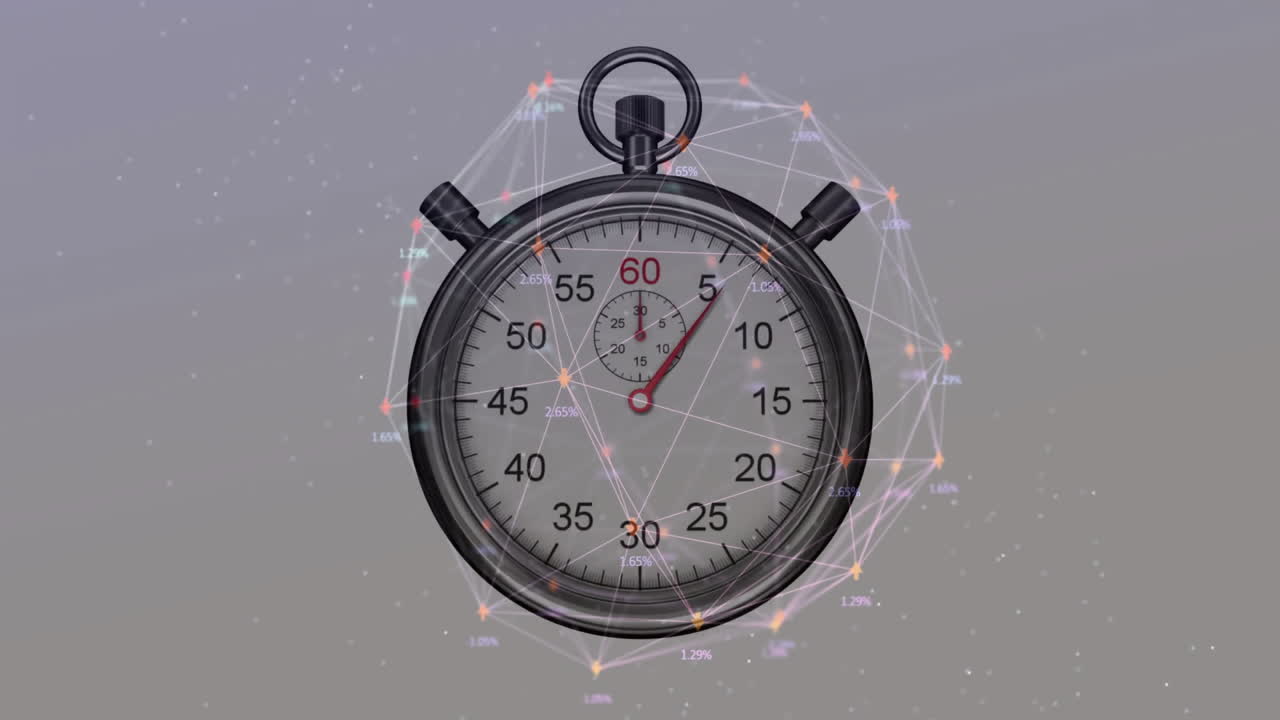 Stopwatch with network connections and data points in background animation
