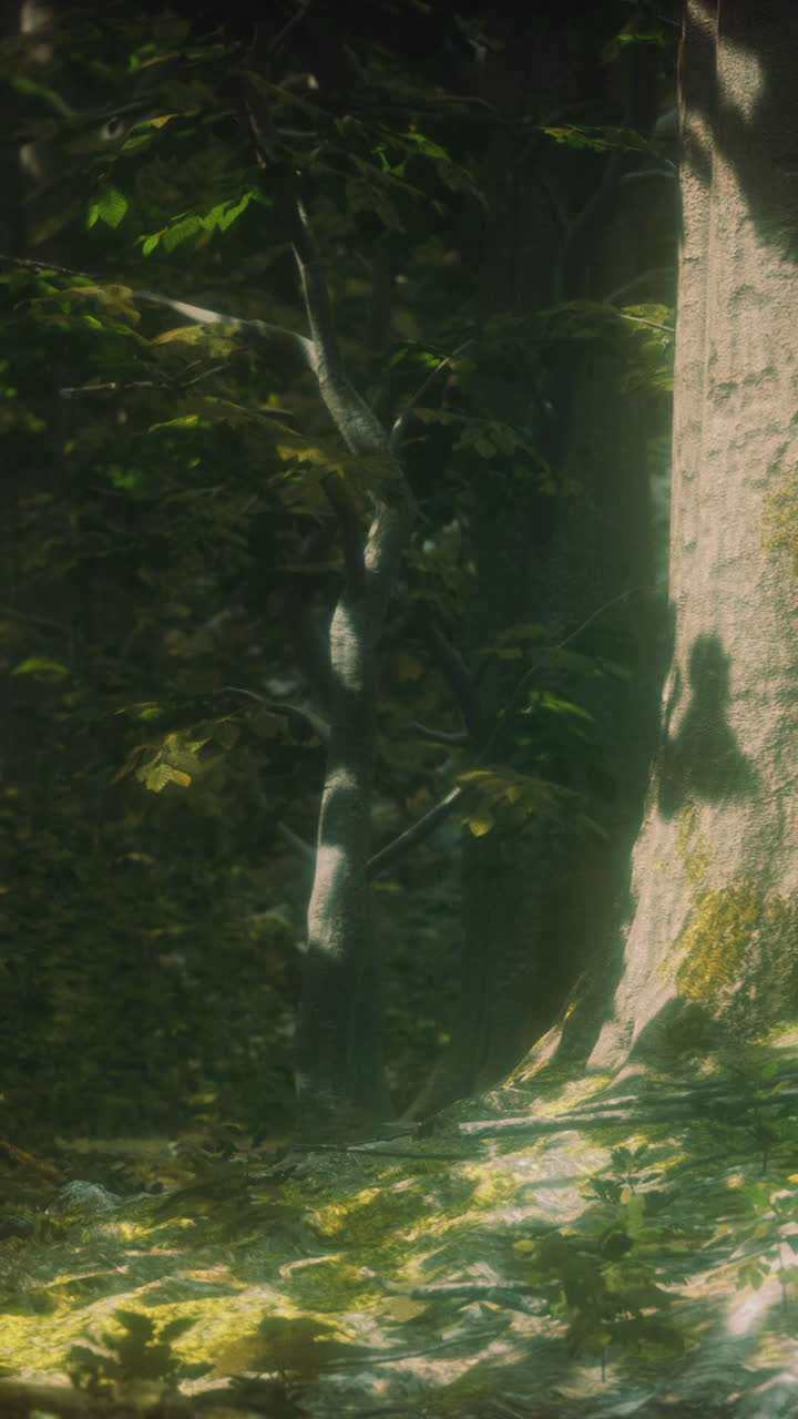 árboles viejos con liquen y musgo en el bosque verde