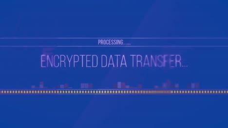 animation of encrypted data transfer text and data processing against blue background