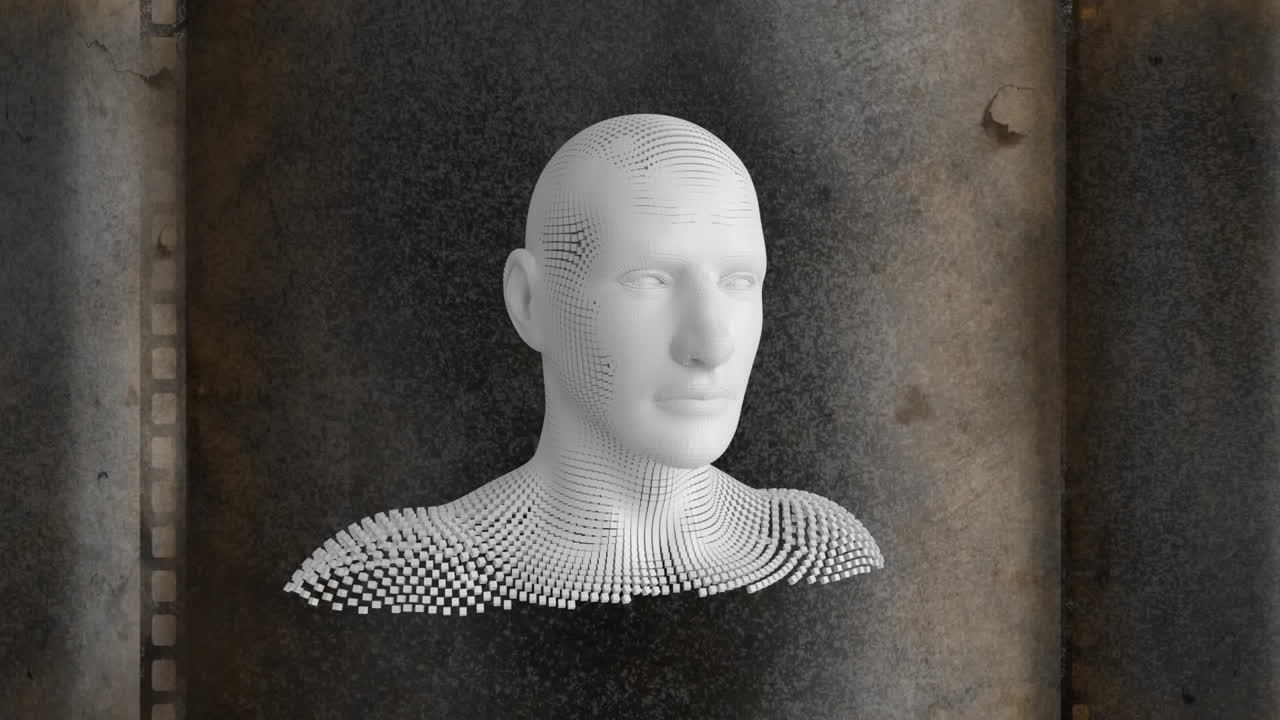 анимация человеческой головы, сформированная взрывающимися частицами на темном фоне