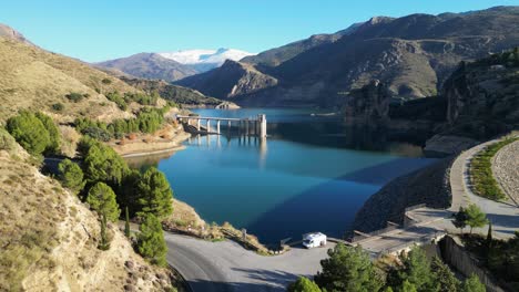 motorhome camper van at sierra nevada canales water reservoir in andalusia, spain