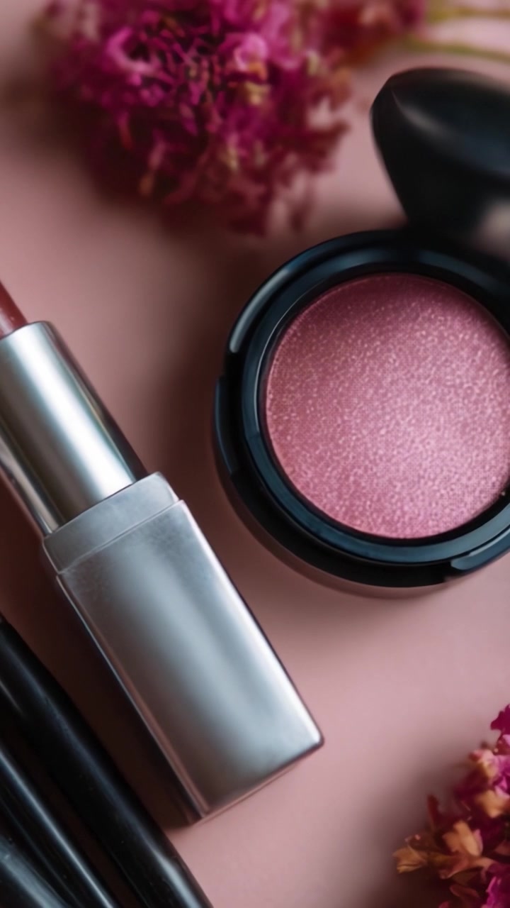 Glamorous Makeup Products Displayed with Delicate Flowers on a Soft Pink Background, Perfect for Beauty Lovers and Cosmetic Enthusiasts