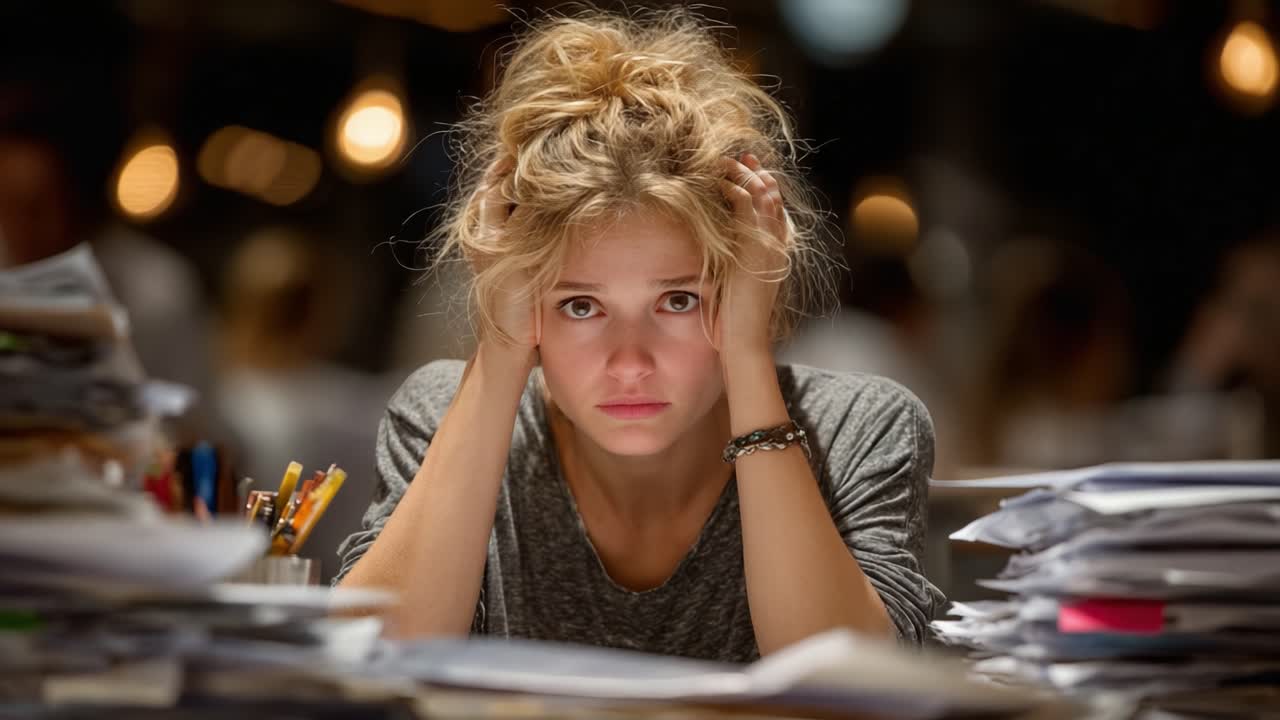 A Young Woman Struggles with Overwhelming Stress and Anxiety Amidst a Chaotic Workspace Filled with Papers and Clutter at Night Time