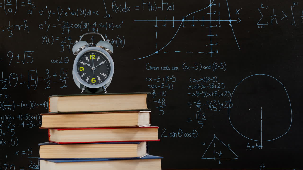 Jam weker di atas tumpukan buku serta persamaan dan grafik matematika