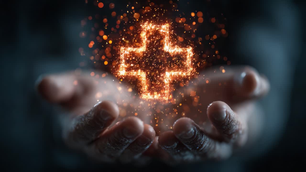 A Glowing Medical Cross Symbolizing Health and Care, Held Gently in Outstretched Hands, Illustrating Compassion and Healing in a Symbolic Representation of Wellness