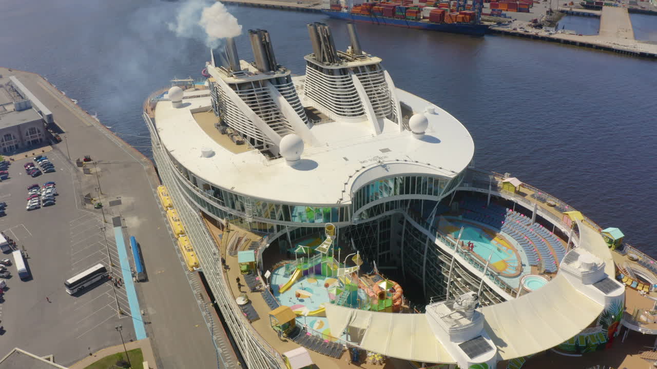 Aerial view Royal Caribbean's Oasis of the Seas cruise ship in port.