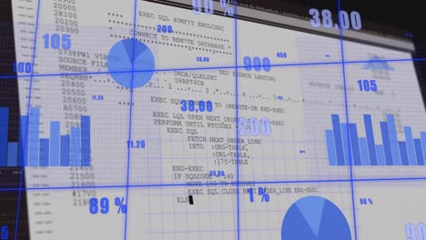 animation of multiple changing numbers and statistical data processing against computer screen