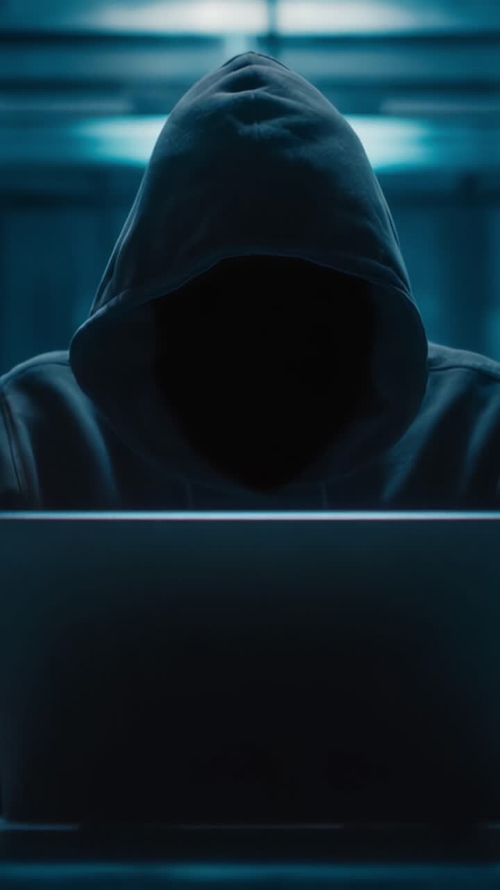 Una figura misteriosa impegnata in attività oscure: l'osservatore silenzioso dietro un laptop, avvolto nell'ombra, che incarna l'anonimato delle intrusioni e delle vulnerabilità informatiche.