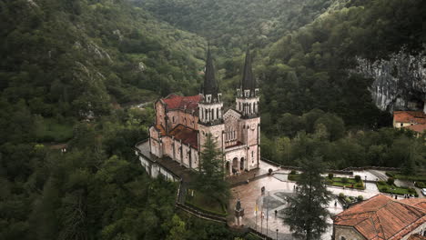 top drone angle of santa maria basilica in the northern mountains of covadonga, spain