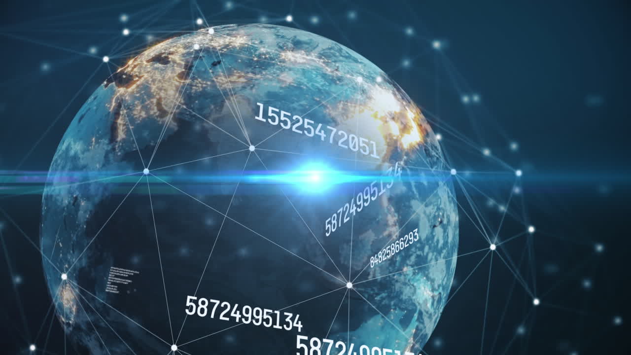 Animation d'un globe d'un réseau de connexions avec des chiffres et le traitement de données.