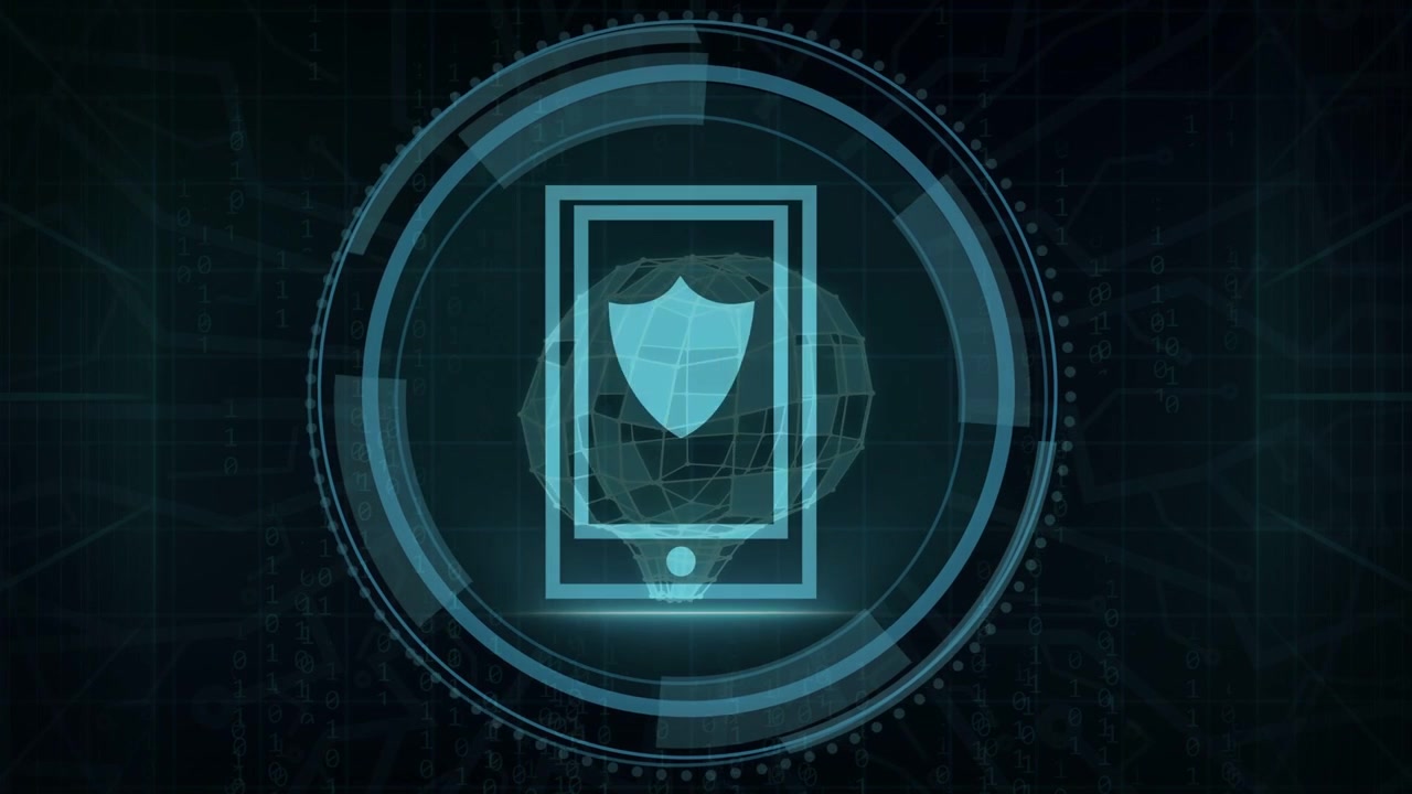 Shield appearing over globe HUD building rings rotating phone pulsing protecting data