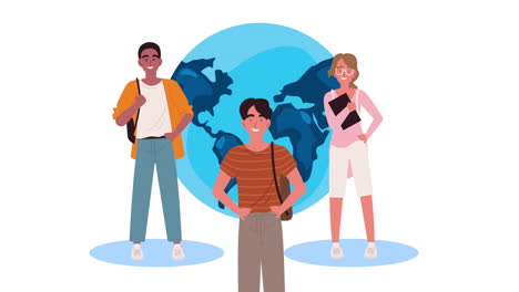 three students on a globe background