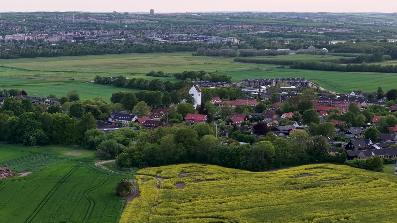 Aerial panorama of golden mustard fields in the Danish countryside, dotted with a small village and green pastures, with a distant city skyline under a pink sunset