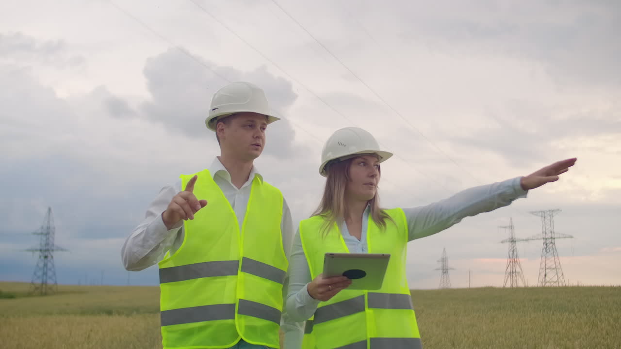 Power lines a man and a woman engineers with a tablet in their hands discussing the progress of the construction project