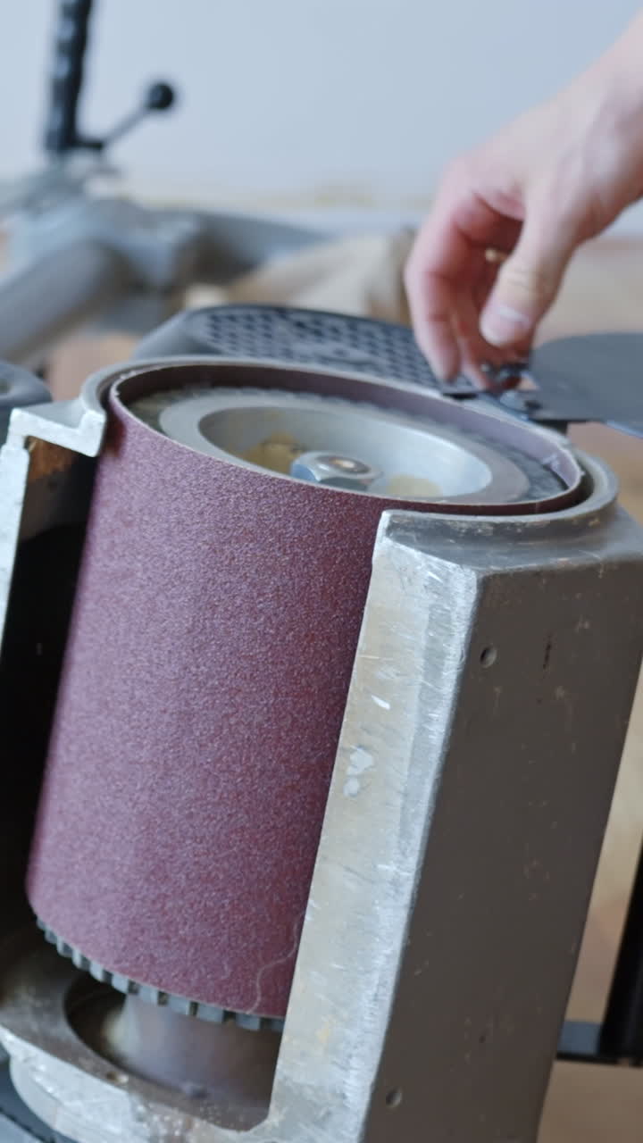 Hands taking off sanding belt on floor sander machine. Sanding belt replacement, vertical