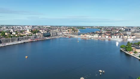 Stockholm-aerial-showing-central-bridge-and-Karl-Johan-slussen-water-lock---Filming-from-Djurgarden-looking-west