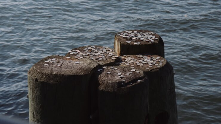 Træpæl med mønter ovenpå i Hudson River med ringe i vandet, nærbillede.