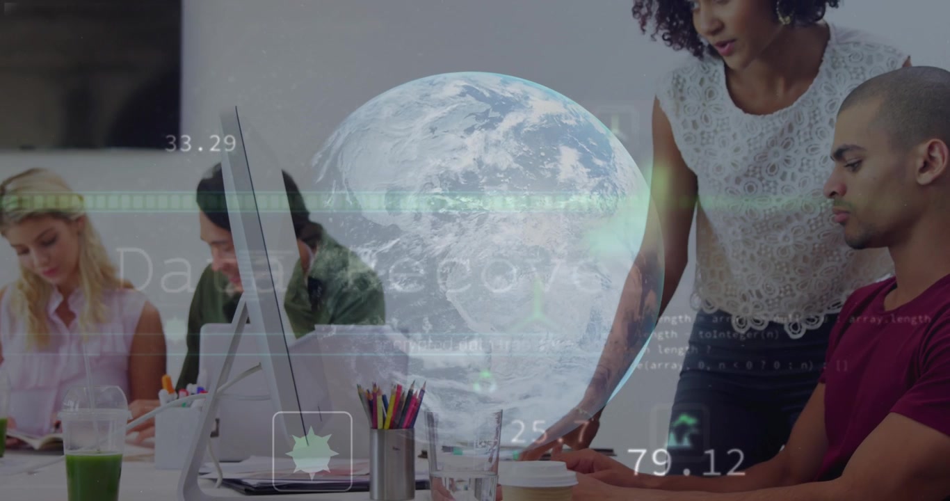 4k footage of executives discussing at desk in office with data processing animation over globe