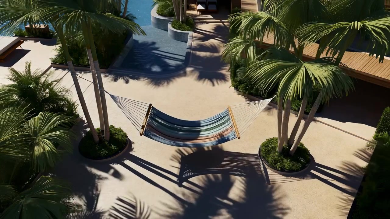 Overhead oblique view of colorful striped hammock suspended between tall palm trees above pale concrete courtyard, with curved shadow, pool edge, bright sunlight, tropical resort atmosphere, and