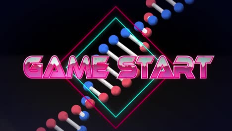 animación del texto de inicio del juego en letras rosadas metálicas sobre la hilera de adn girando
