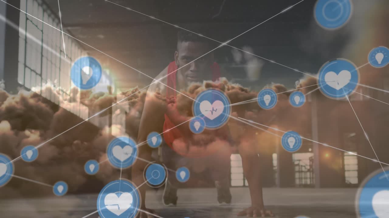 아프리카계 미국인 남자가 운동하는 구름이 있는 연결 네트워크와 하늘의 애니메이션