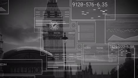animation of interface with data processing against view of big ben tower