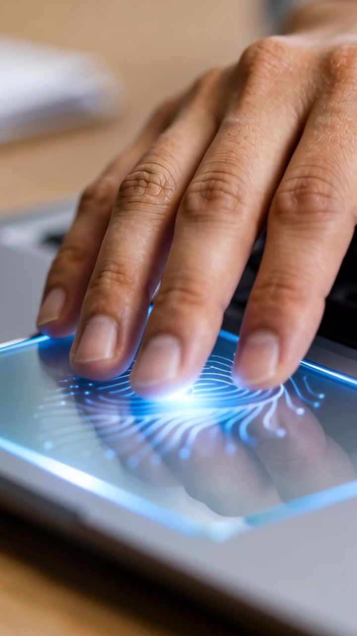 Vertical video: Pressing adult hand on fingerprint pad at desk, pulsing glow and unlocking laptop
