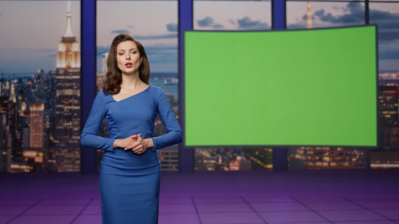 Charismatic anchorwoman talking green screen tv studio. Woman lighting news
