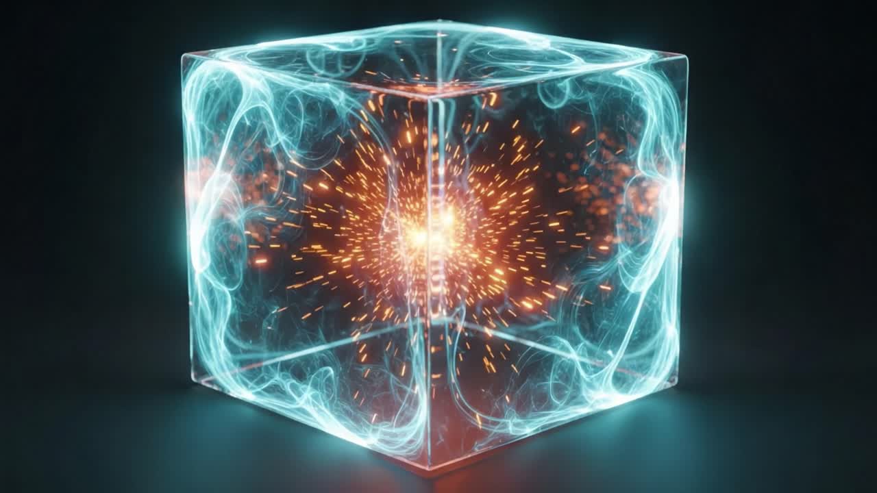 Dynamic Energy Cube: A Stunning Visual Representation of Interacting Forces with Pulsating Light and Vibrant Colors Emanating from Inside a Transparent Cubic Structure