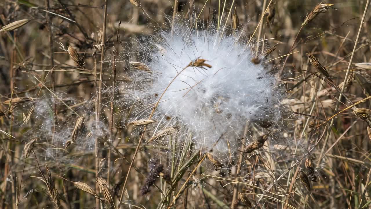 Testa di seme bianca che si scuote rilasciando fini ciuffi mentre una brezza leggera si muove tra gli steli d'erba secca.