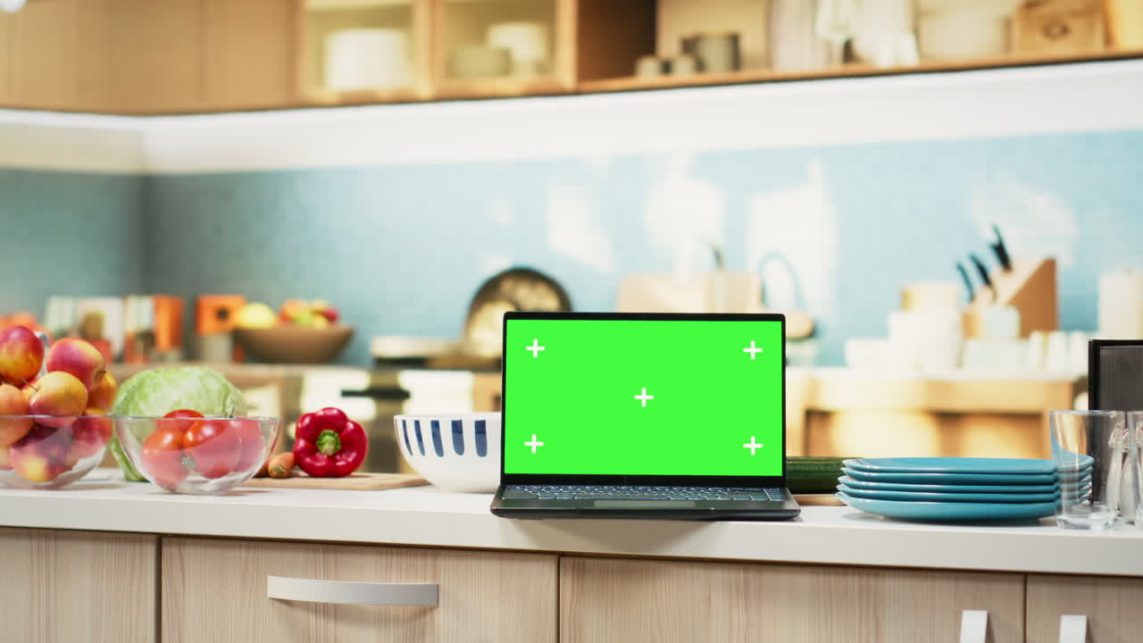 Laptop with Green Screen in Kitchen Setting
