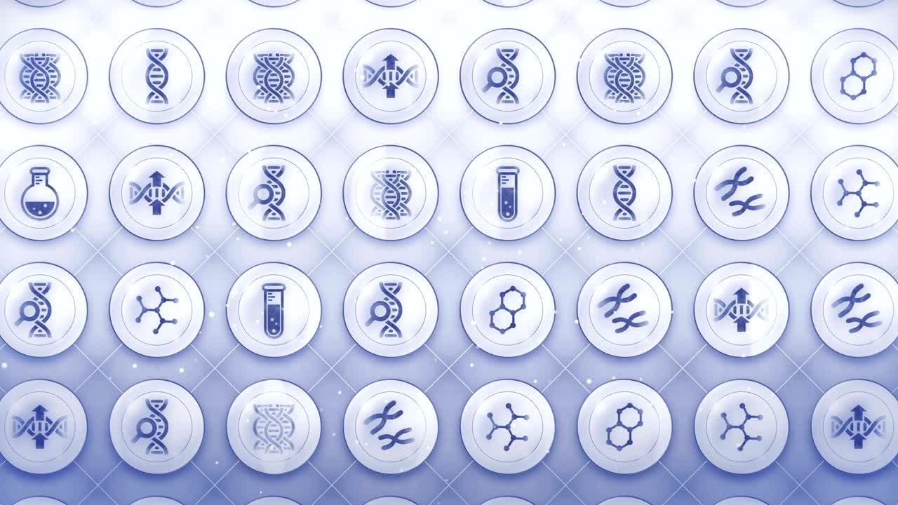 conjunto de iconos genéticos, antecedentes de biotecnología, animación de bucle cg,