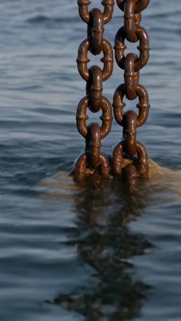 Video verticale: Sollevamento di catene arrugginite che espongono una corda bagnata sopra un mare calmo, acqua che gocciola, perla rossa.