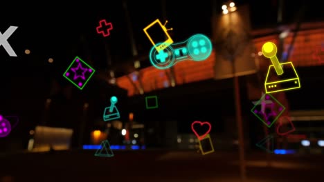 Animation-of-diverse-neon-shapes-moving-over-blurred-night-cityscape